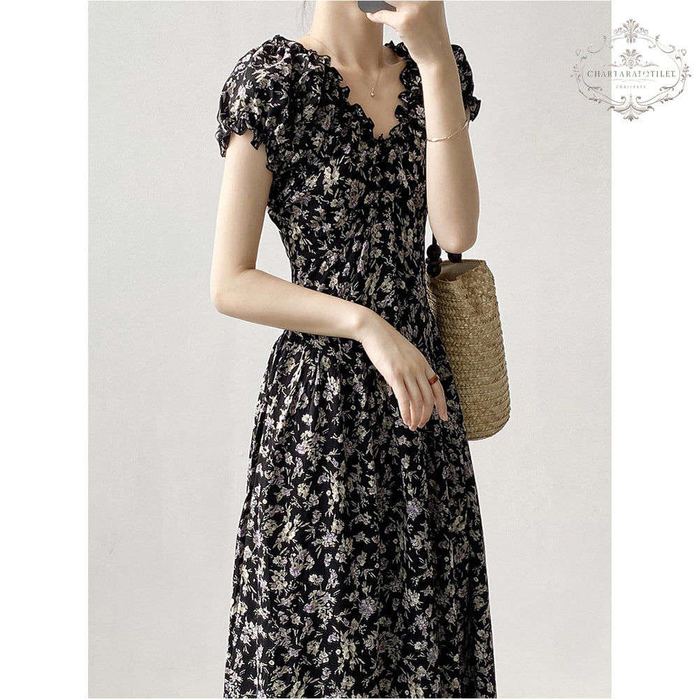 French style back garden tea break floral dress V-neck spring design waist dress [CHSK131]