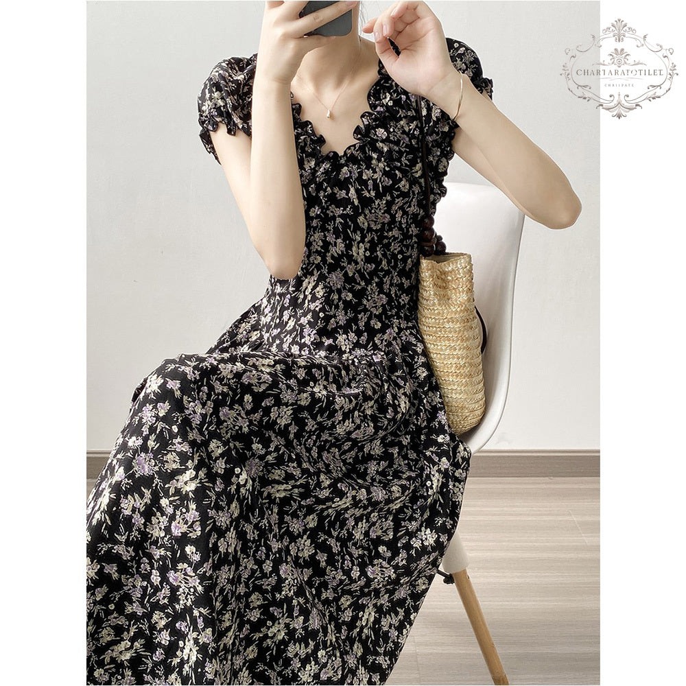 French style back garden tea break floral dress V-neck spring design waist dress [CHSK131]