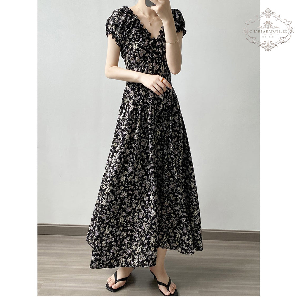 French style back garden tea break floral dress V-neck spring design waist dress [CHSK131]