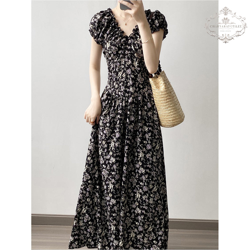 French style back garden tea break floral dress V-neck spring design waist dress [CHSK131]