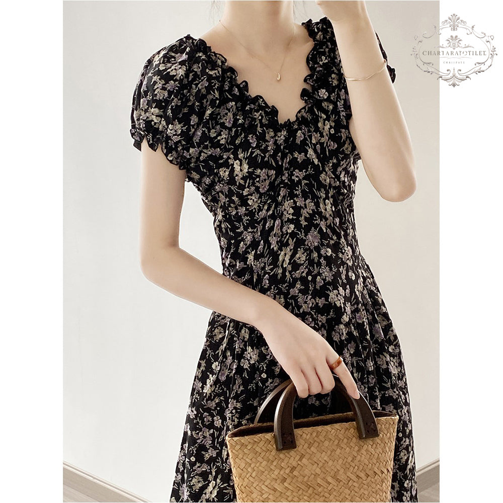 French style back garden tea break floral dress V-neck spring design waist dress [CHSK131]