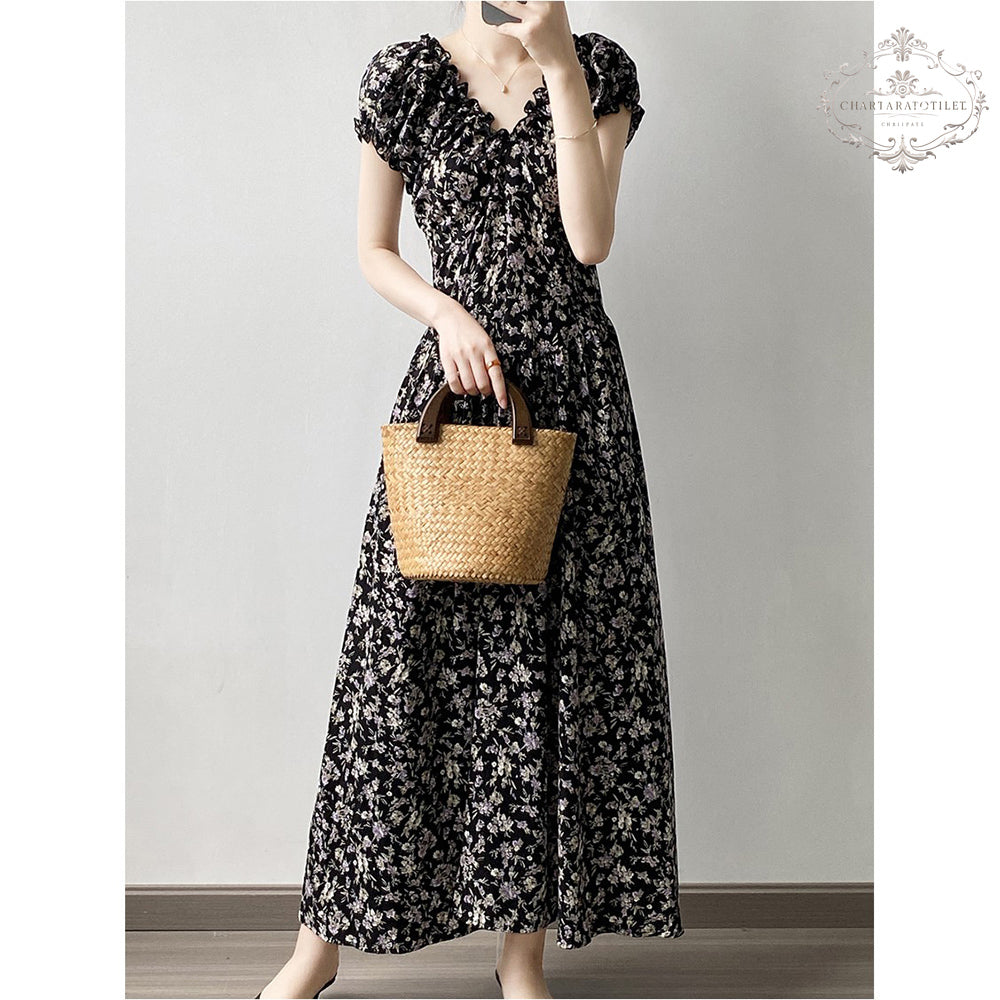 French style back garden tea break floral dress V-neck spring design waist dress [CHSK131]