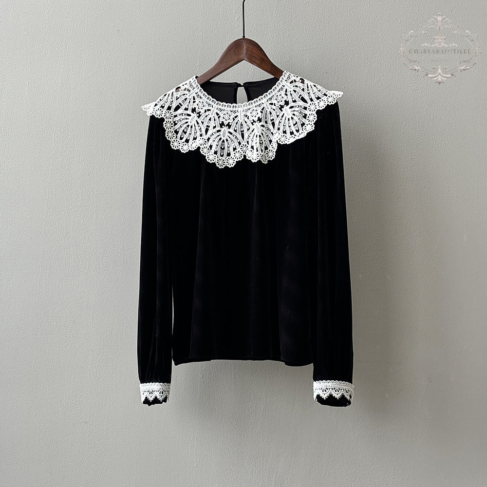 Retro lace collar velvet top for women winter French style long-sleeved top [CHT22]