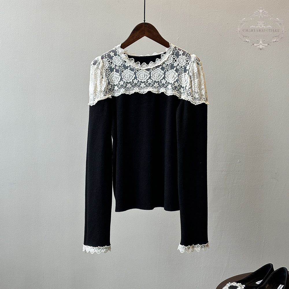 Lace splicing design long-sleeved bottoming shirt with sweet design in winter long-sleeved top [CHSW68]