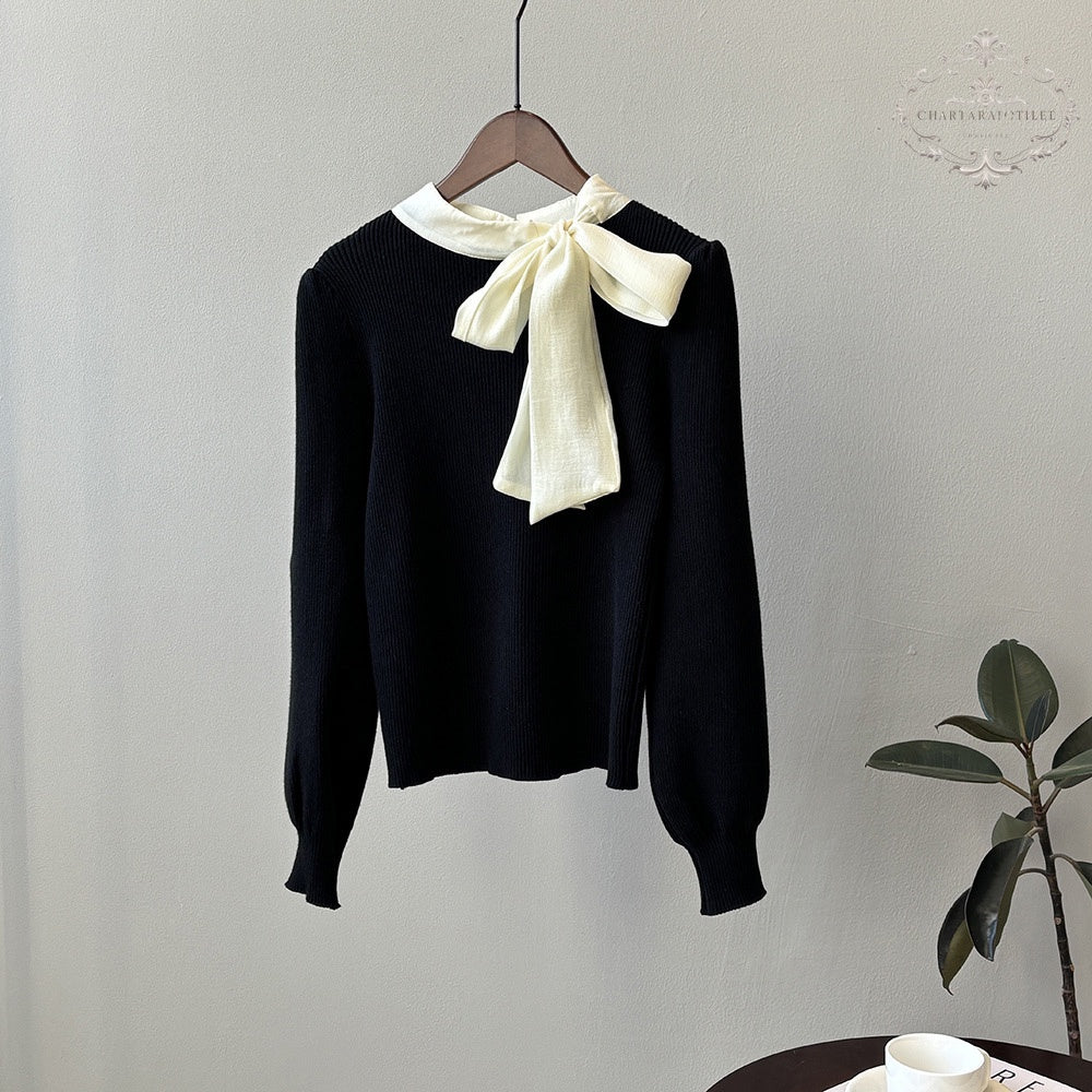 French bow tie round neck sweater with chic puff sleeves [CHSW70]