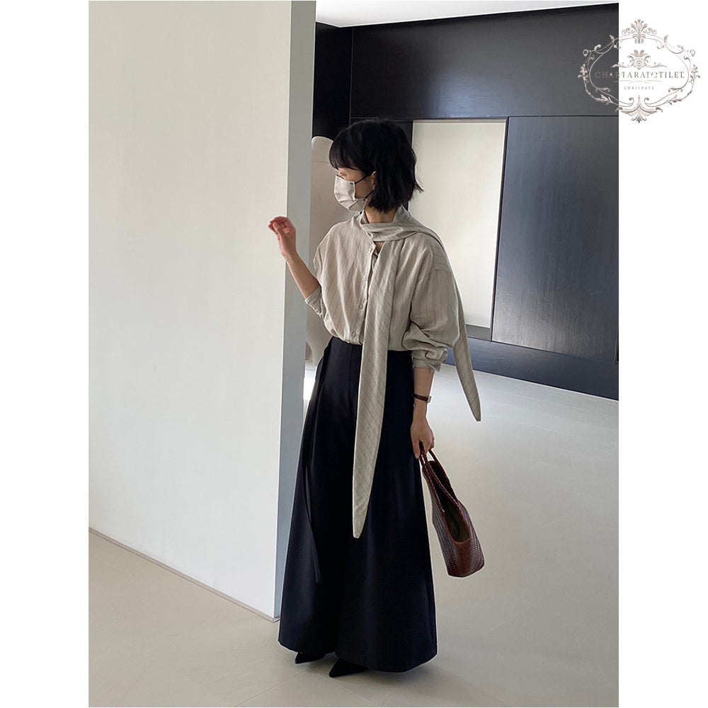 Heavy industry spring and summer suit material floor-length trousers with waist rope wide-leg drape floor-length trousers [CHTR29]