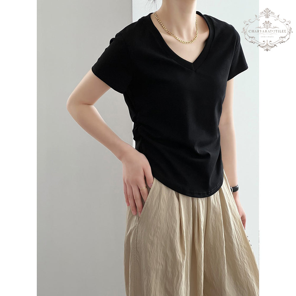 Silo cotton spring and summer pleated V-neck short-sleeved T-shirt for girls, slim waisted short-sleeved top, Korean-style slim-waisted short-sleeved top, moisture-wicking T [CHT27]