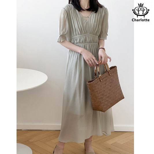 French V-neck disc buttoned elegant dress short-sleeved dress with tight back waist [CHSK68]