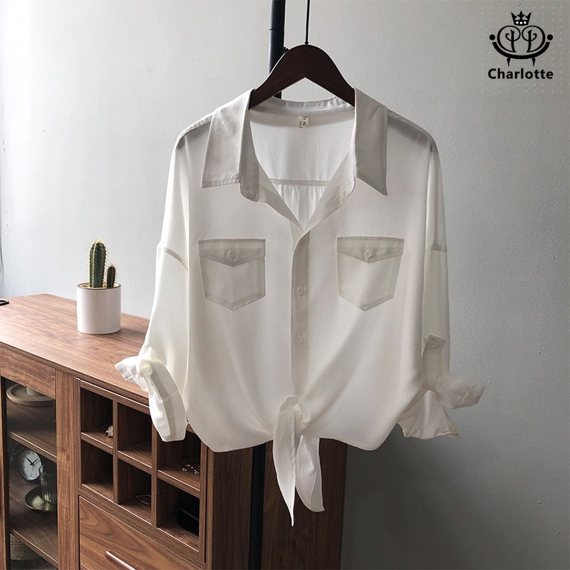 French retro solid color lace-up shirt, long-sleeved shirt, versatile casual shirt [CHSH42]