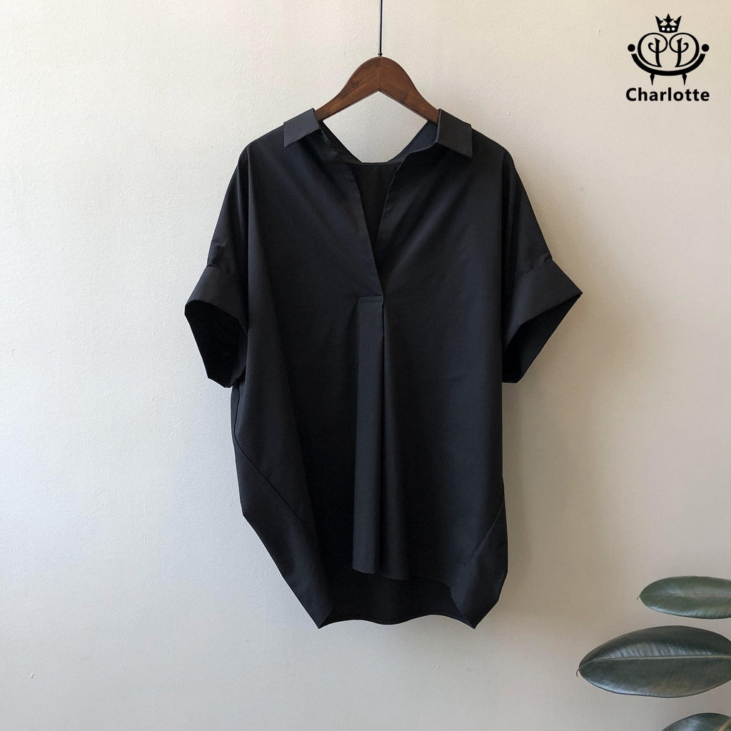 French drape pullover shirt, short-sleeved shirt, V-neck shirt, rolled sleeve shirt [CHSH29]