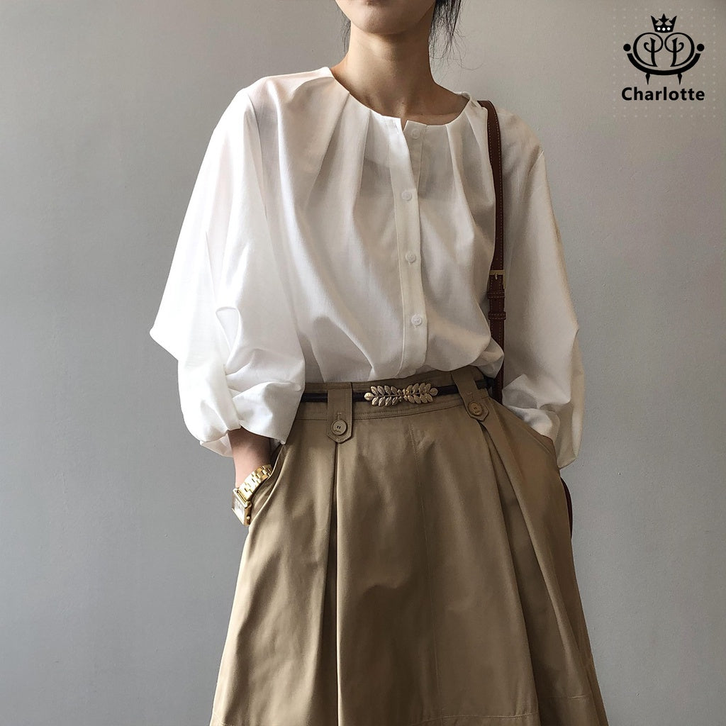 French design lantern sleeve lazy top loose drape shirt three-quarter sleeve shirt [CHSH30]