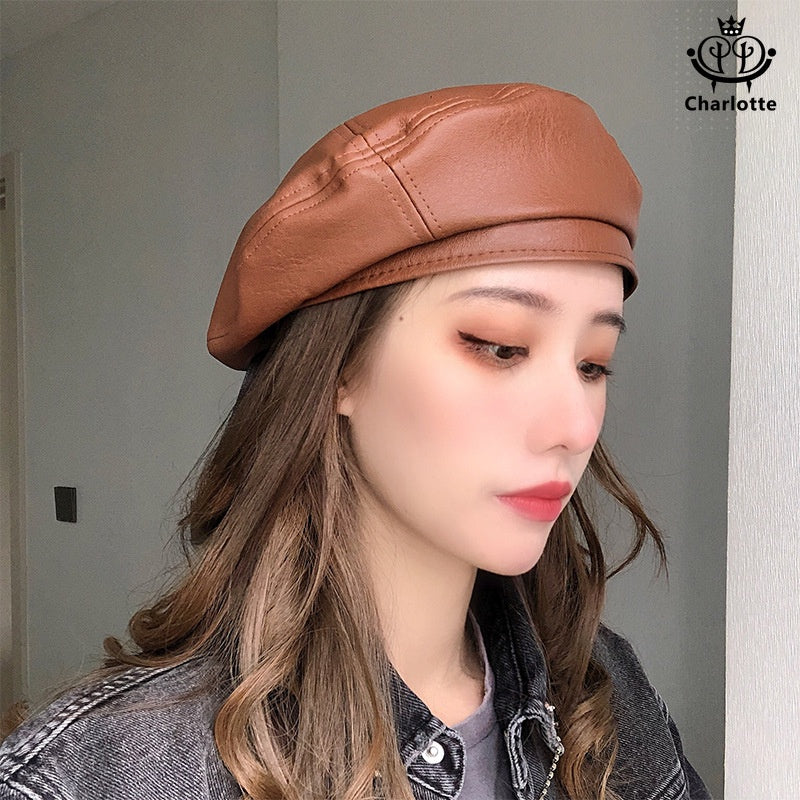 Fashionable retro PU leather beret octagonal hat British painter hat retro leather hat [CHCA5]