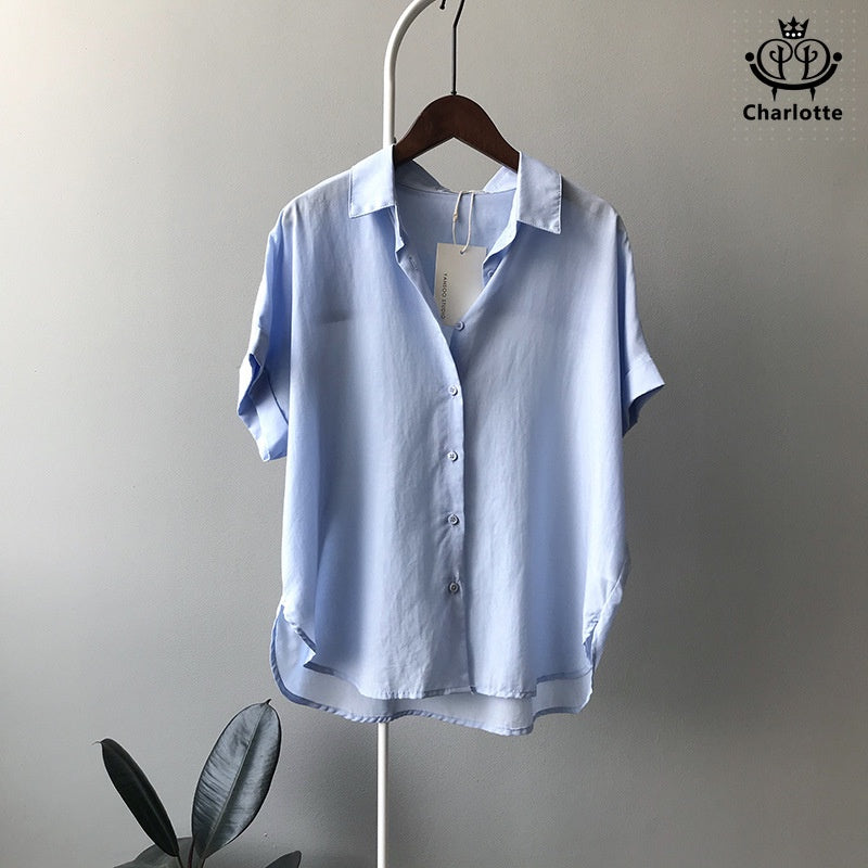 French Tencel linen short-sleeved shirt short-sleeved lapel top Tencel shirt [CHSH27]