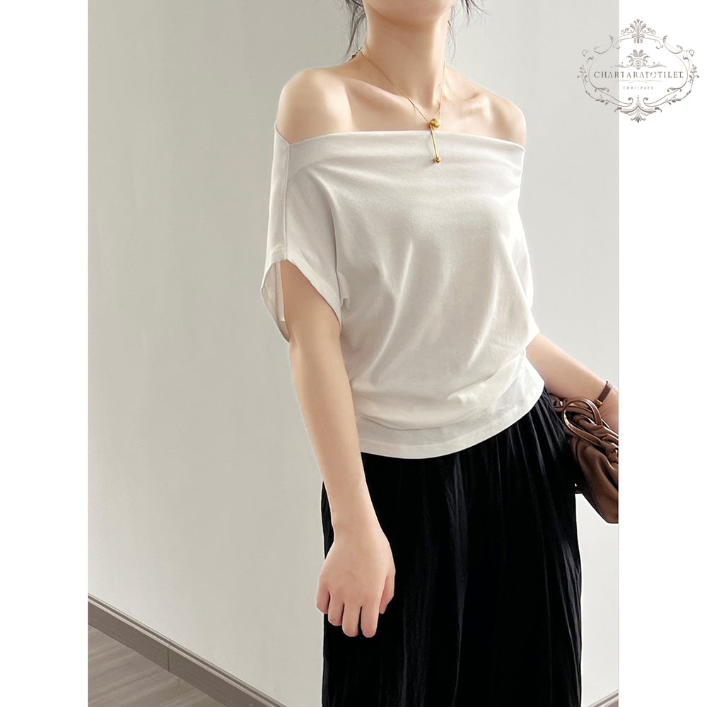 French one-piece collar, off-shoulder short-sleeved T-shirt, exquisite cotton threaded short-sleeved top [CHT26]