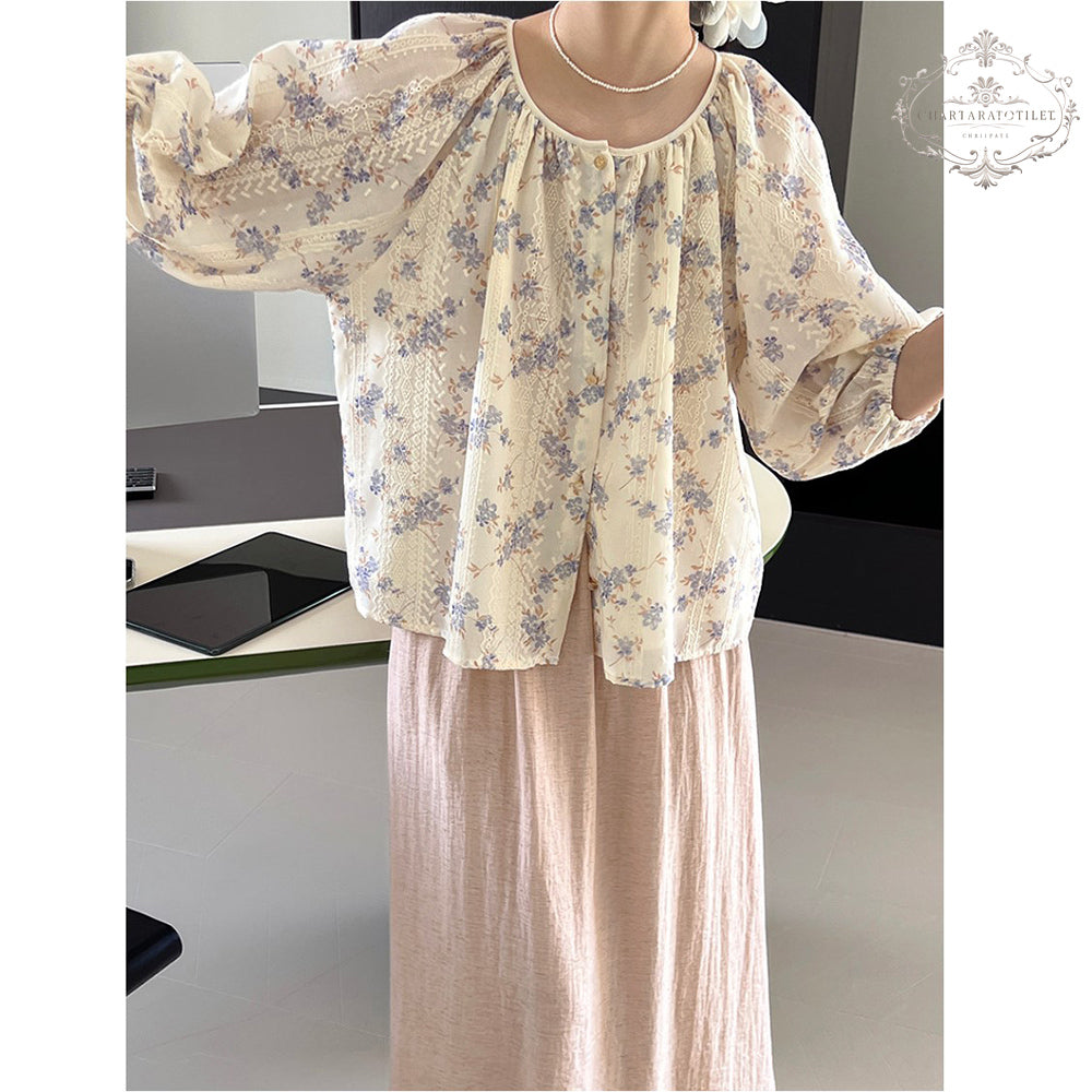 French gentle printed lace three-quarter sleeve sweet and slim floral top CHT31