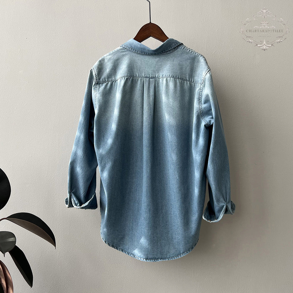 Lapel light indigo denim shirt, pure cotton, comfortable, loose and versatile [CHT25]