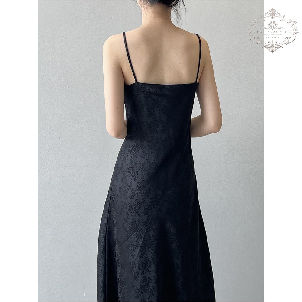 New palace style jacquard V-neck suspender dress spring and summer satin drape long skirt [CHSK139]