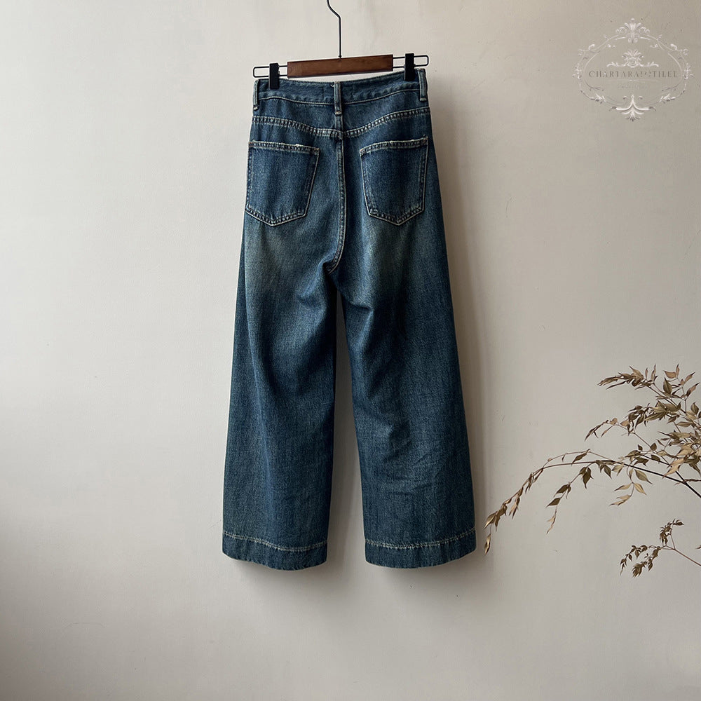 Lady's high-waisted straight-leg nine-point jeans Korean style loose wide-leg pants nine-point long jeans girls' jeans [CHJ11]