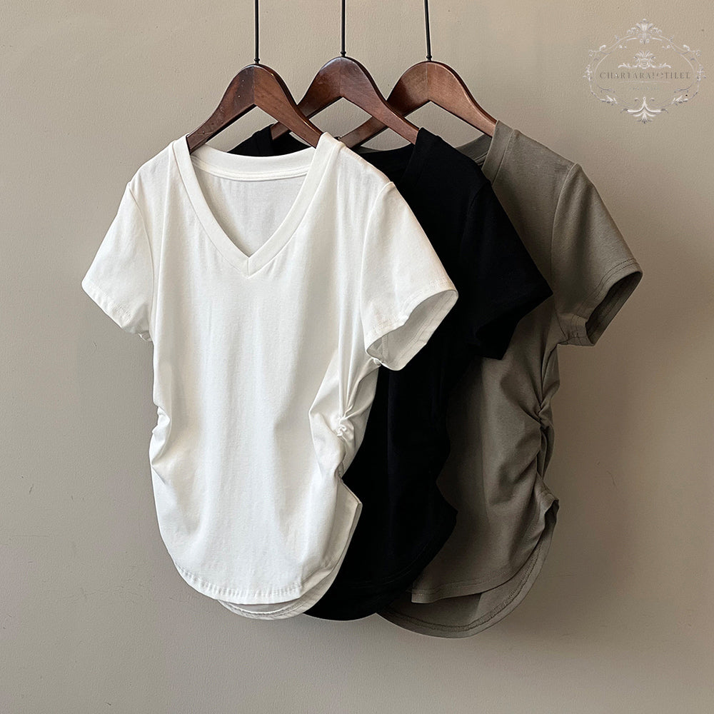 Silo cotton spring and summer pleated V-neck short-sleeved T-shirt for girls, slim waisted short-sleeved top, Korean-style slim-waisted short-sleeved top, moisture-wicking T [CHT27]