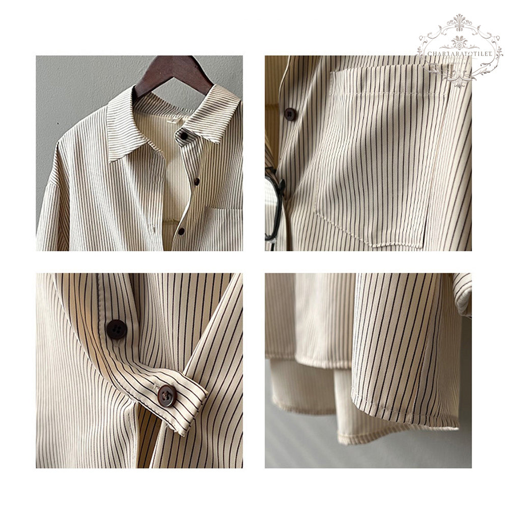 Age-reducing French striped shirt folded long-sleeved shirt [CHSH112]