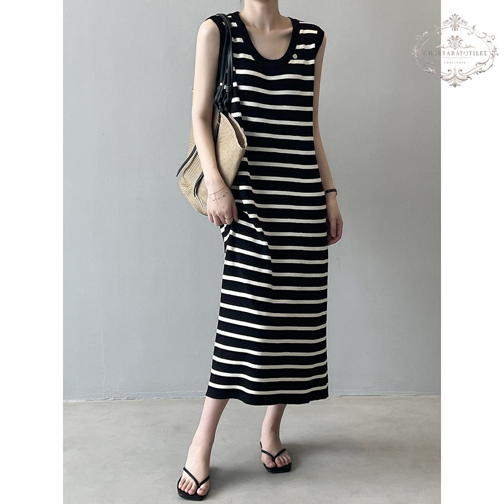 French ice silk sleeveless striped vest dress, elegant and simple style CHSK145