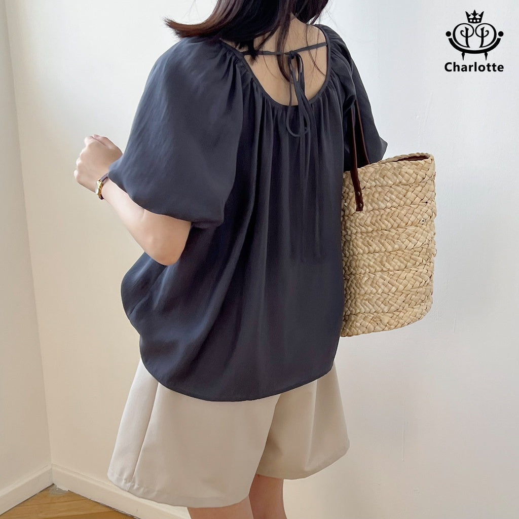 French princess sleeve lace-up short-sleeved shirt one-shoulder top [CHSH59]