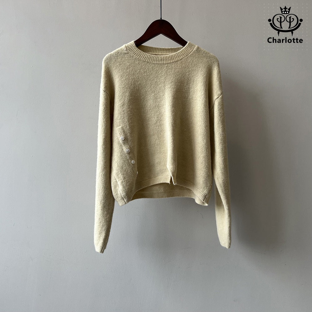 Irregular round neck design sweater solid color side-breasted sweater [CHSW51]