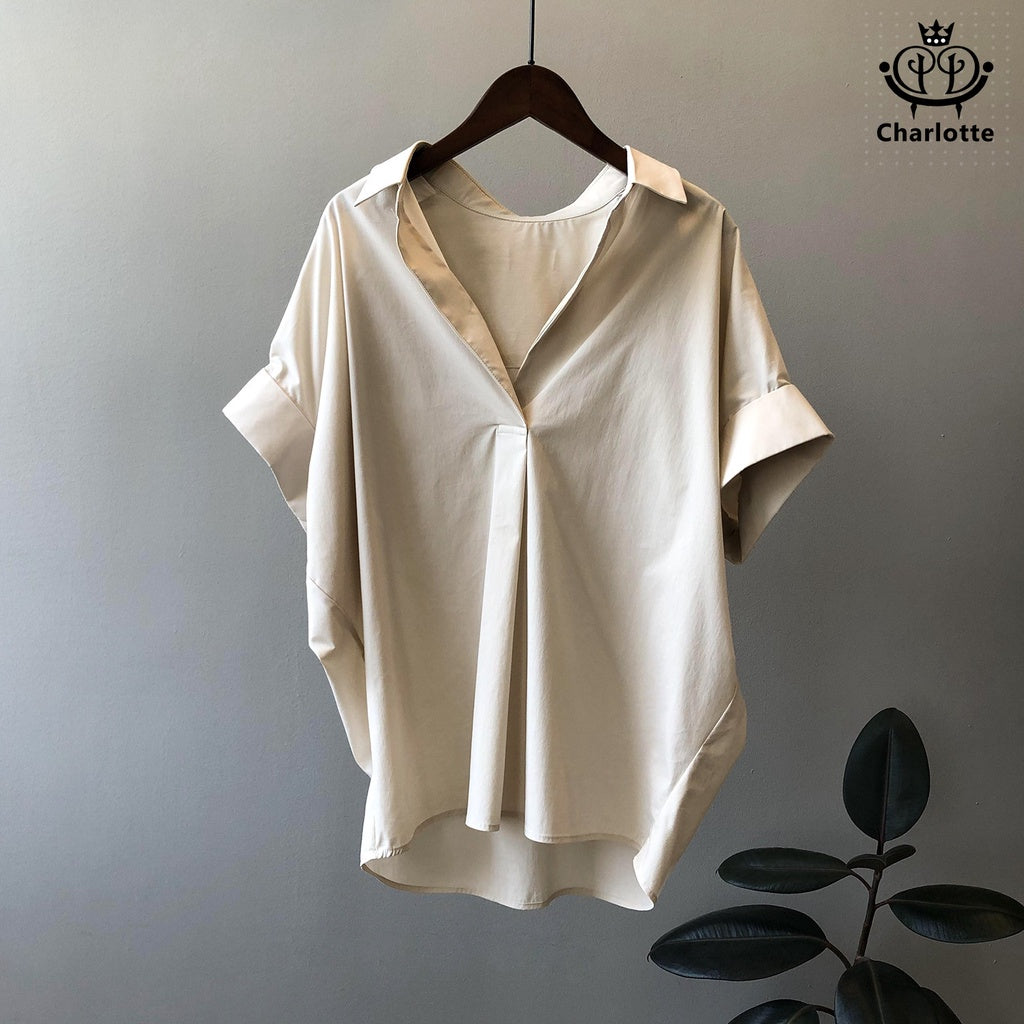 French drape pullover shirt, short-sleeved shirt, V-neck shirt, rolled sleeve shirt [CHSH29]