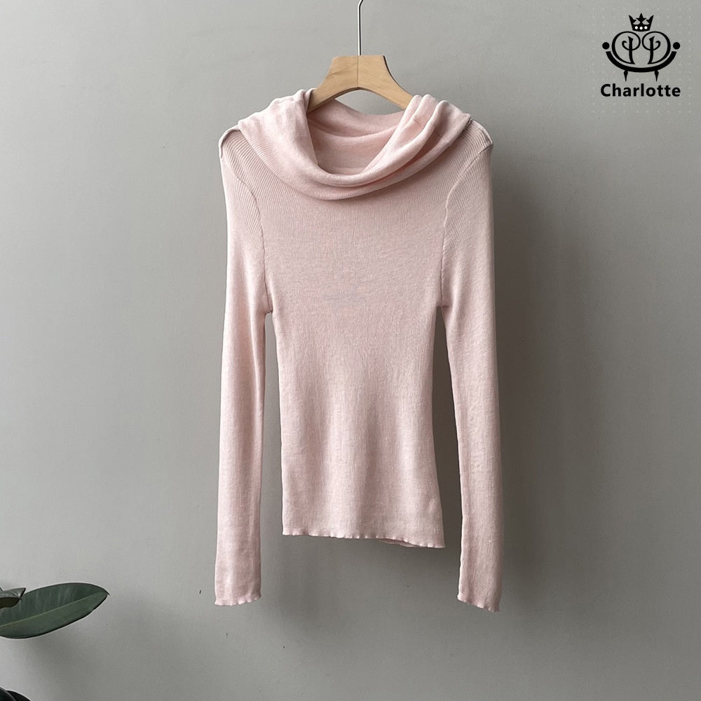 Soft and waxy one-neck off-shoulder top, slim-fitting solid color sweater [CHSW49]