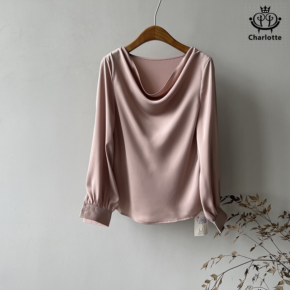 Light and luxurious swaddle collar thin long-sleeved top long-sleeved solid color shirt [CHSH102]