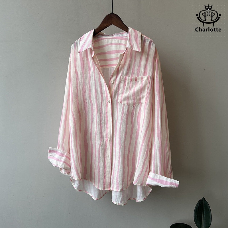 French linen casual vertical striped long-sleeved shirt sun protection shirt [CHSH98]