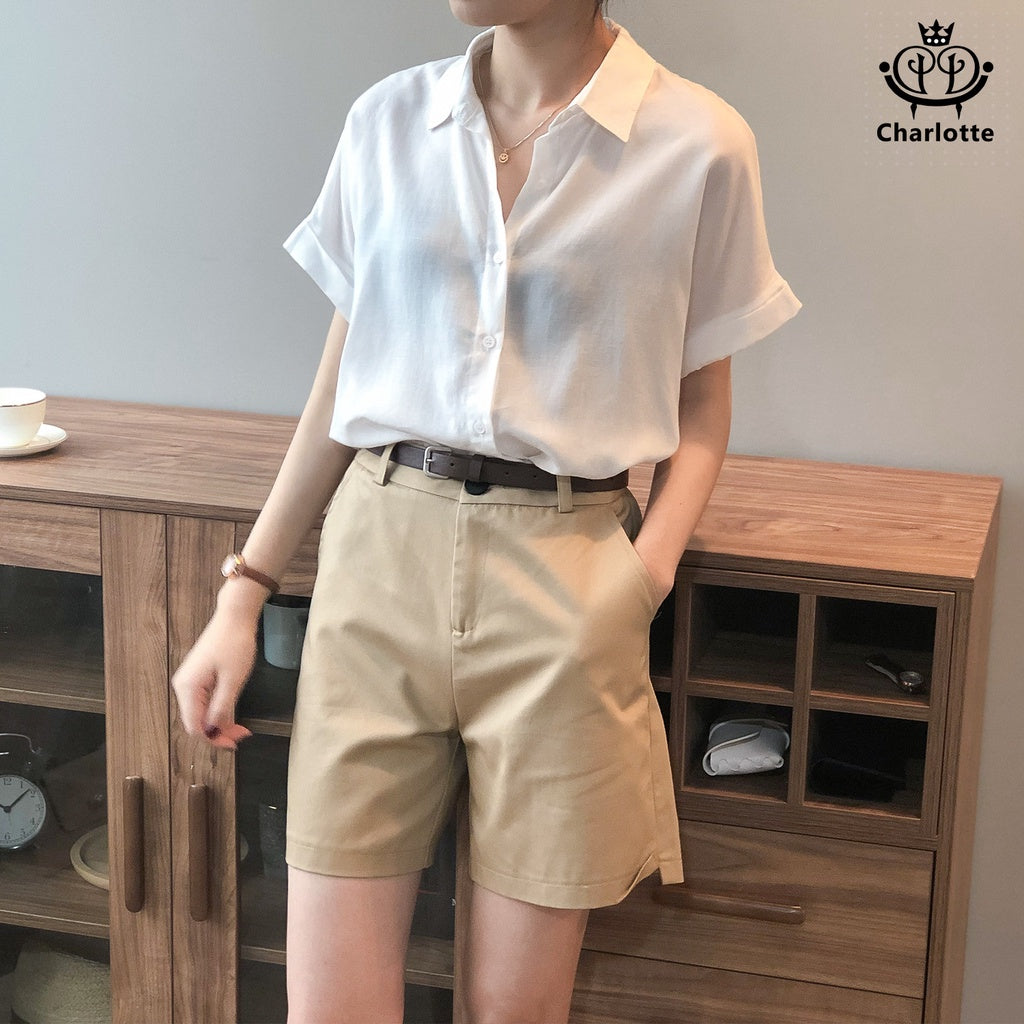 French Tencel linen short-sleeved shirt short-sleeved lapel top Tencel shirt [CHSH27]