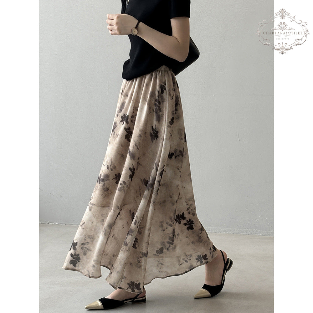 French retro style floral ink smudged skirt literary retro floral skirt CHSK144