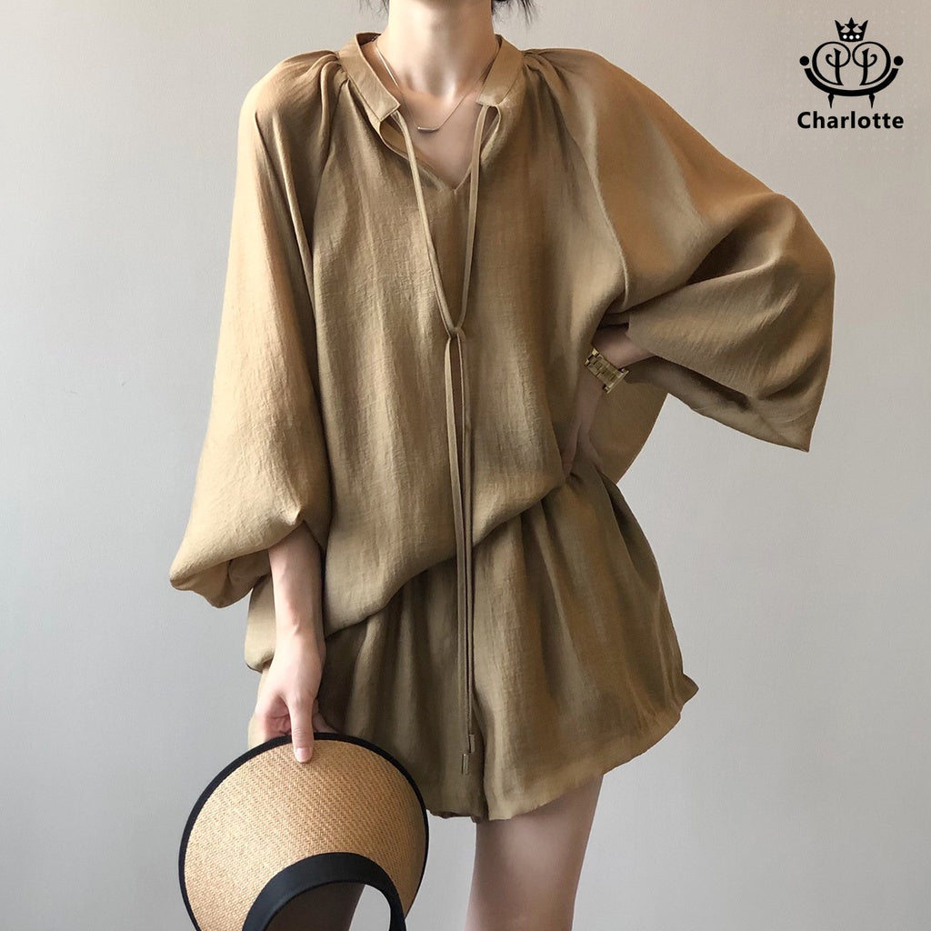 French Urban Casual Curved Silk Women's Suit Sunscreen Long Sleeve Shirt Shorts Suit [CHSH72]