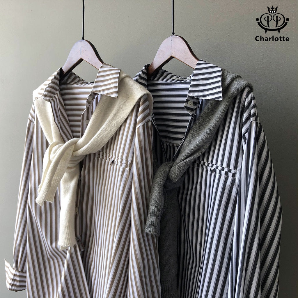 French striped shirt, stand-up collar shirt, lapel shirt, long-sleeved shirt [CHSH34]