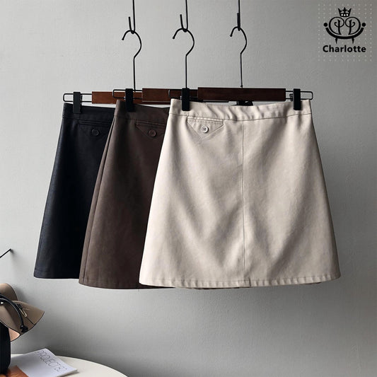 French frosted PU leather skirt, elegant short skirt, high waist leather skirt [CHSK51]