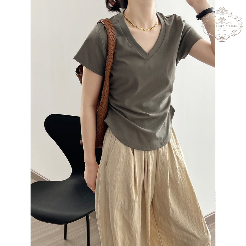 Silo cotton spring and summer pleated V-neck short-sleeved T-shirt for girls, slim waisted short-sleeved top, Korean-style slim-waisted short-sleeved top, moisture-wicking T [CHT27]