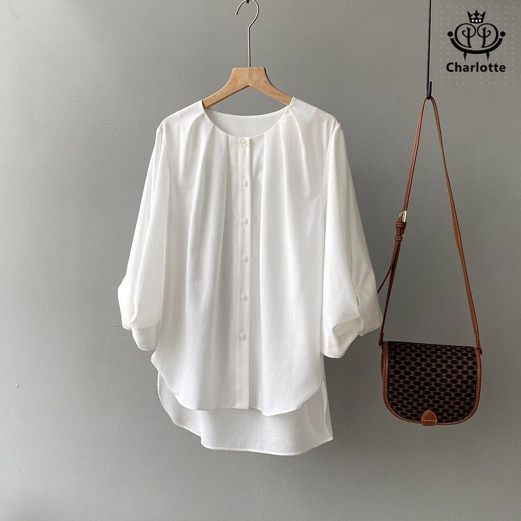 French design lantern sleeve lazy top loose drape shirt three-quarter sleeve shirt [CHSH30]