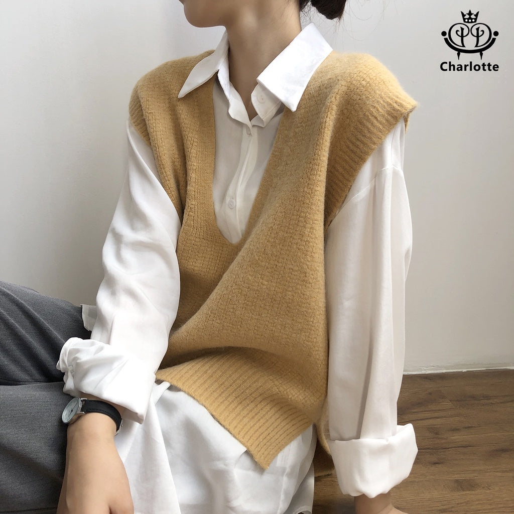 French V-neck loose vest sweater vest knitted vest vest [CHSW17]