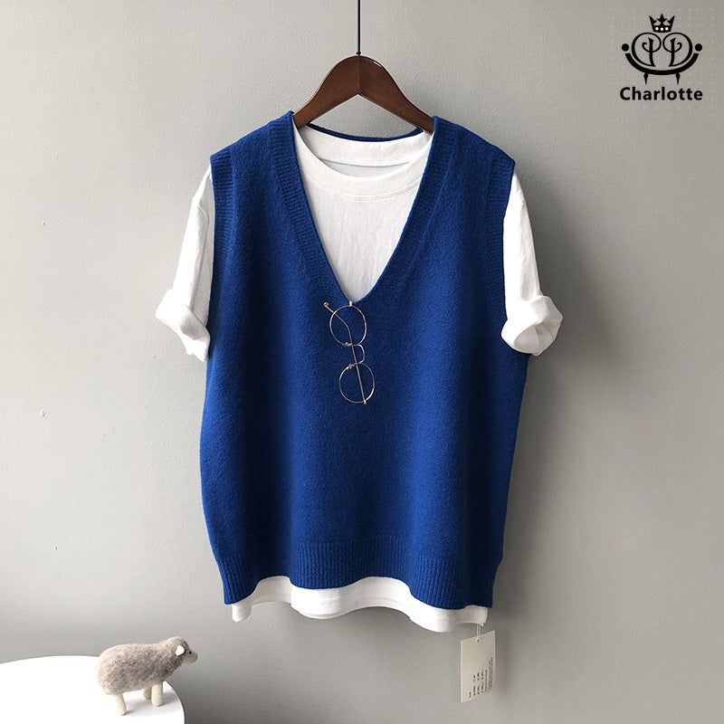 French preppy style V-neck vest knitted vest sleeveless waistcoat vest [CHSW20]