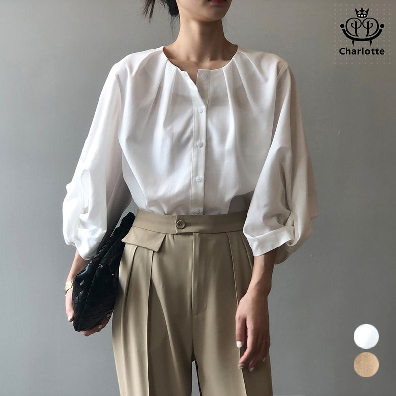 French design lantern sleeve lazy top loose drape shirt three-quarter sleeve shirt [CHSH30]