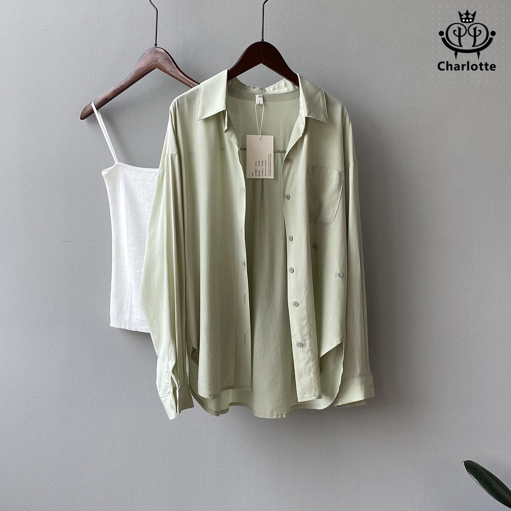 French autumn slimming long-sleeved Tencel shirt, thin long-sleeved shirt, lapel button-down shirt [CHSH73]