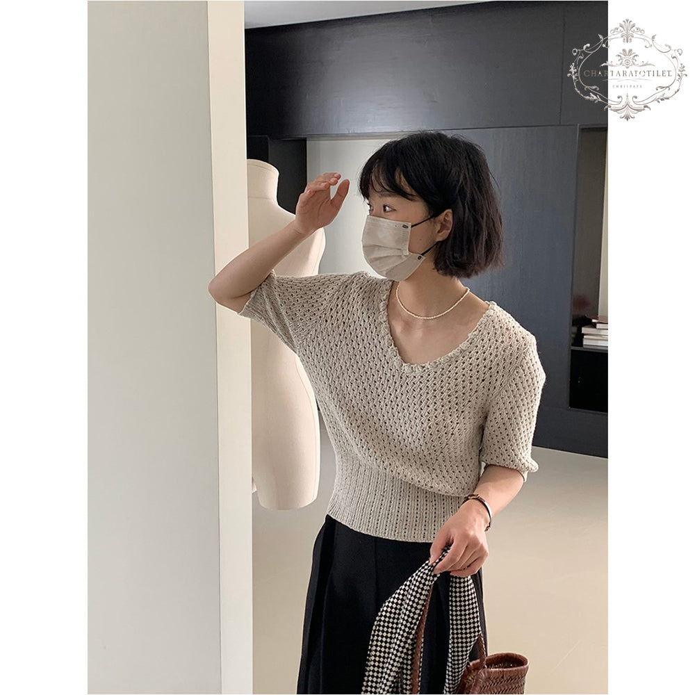 Korean generation handmade lace collar hollow short-sleeved thin sweater V-neck slimming design [CHSW74]