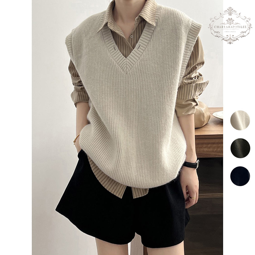 French inverted triangle V-neck knitted hole-in-the-wall vest spring loose lazy vest [CHVE12]