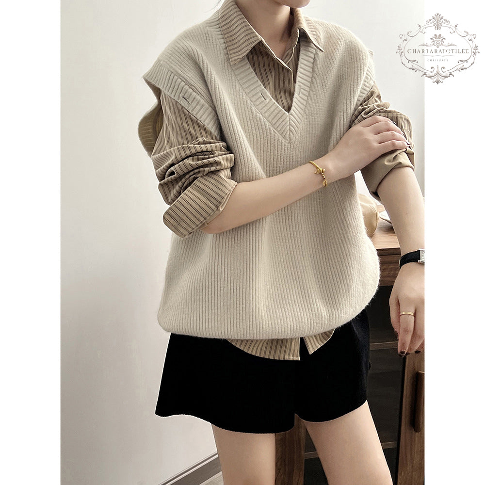 French inverted triangle V-neck knitted hole-in-the-wall vest spring loose lazy vest [CHVE12]