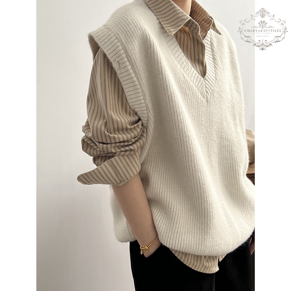 French inverted triangle V-neck knitted hole-in-the-wall vest spring loose lazy vest [CHVE12]