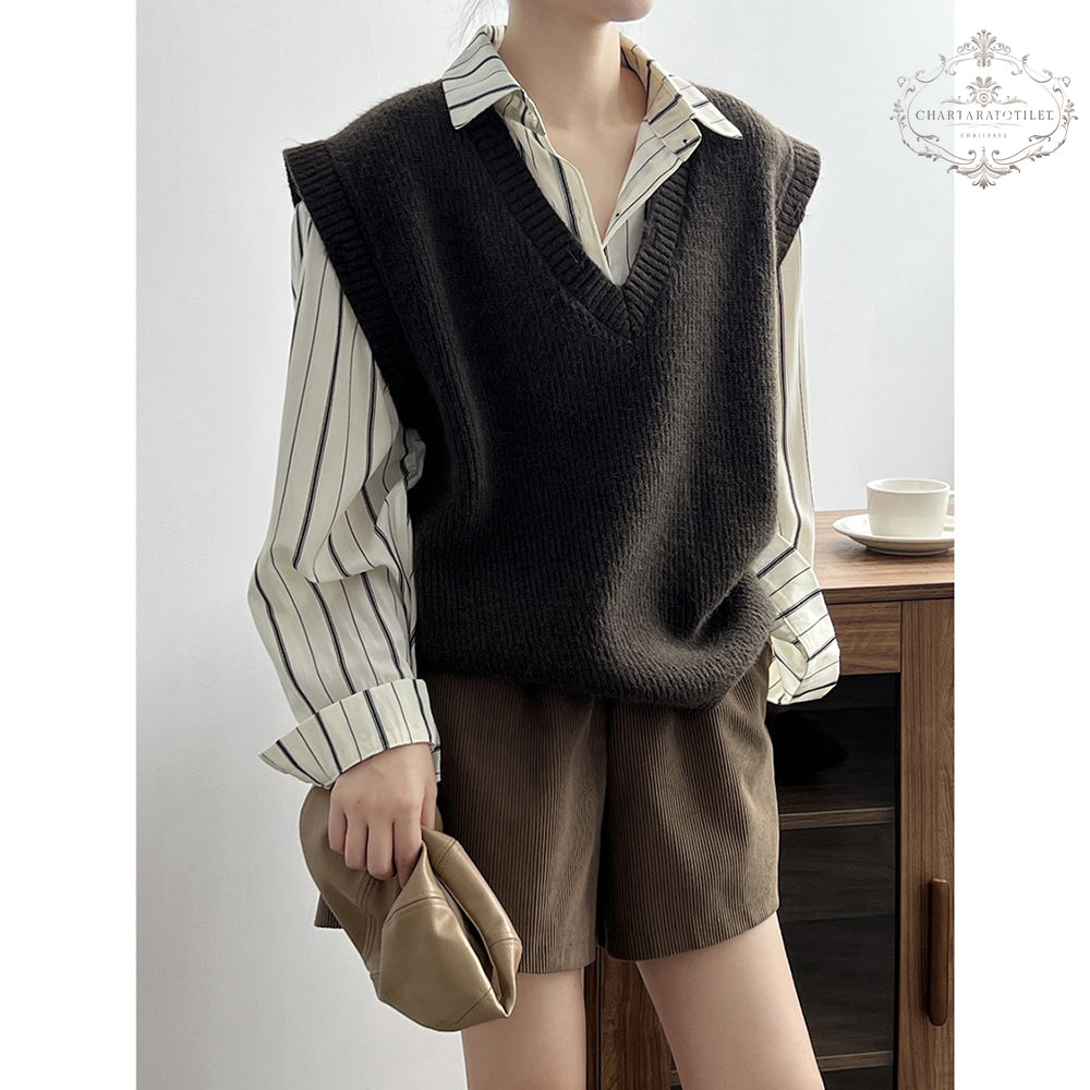 French inverted triangle V-neck knitted hole-in-the-wall vest spring loose lazy vest [CHVE12]