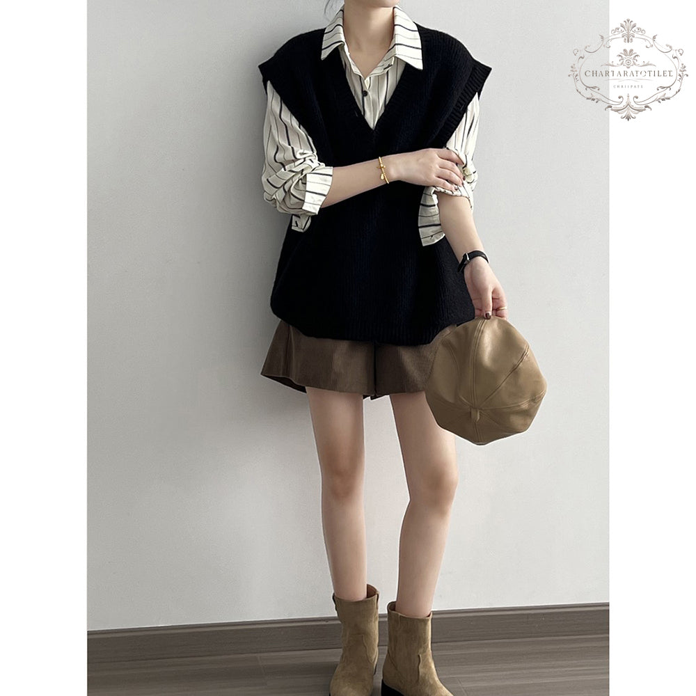 French inverted triangle V-neck knitted hole-in-the-wall vest spring loose lazy vest [CHVE12]