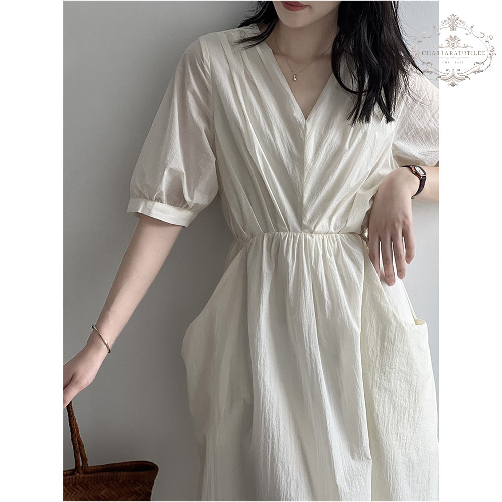 Spring Versailles sweet pleated dress retro pocket V-neck dress [CHSK130]