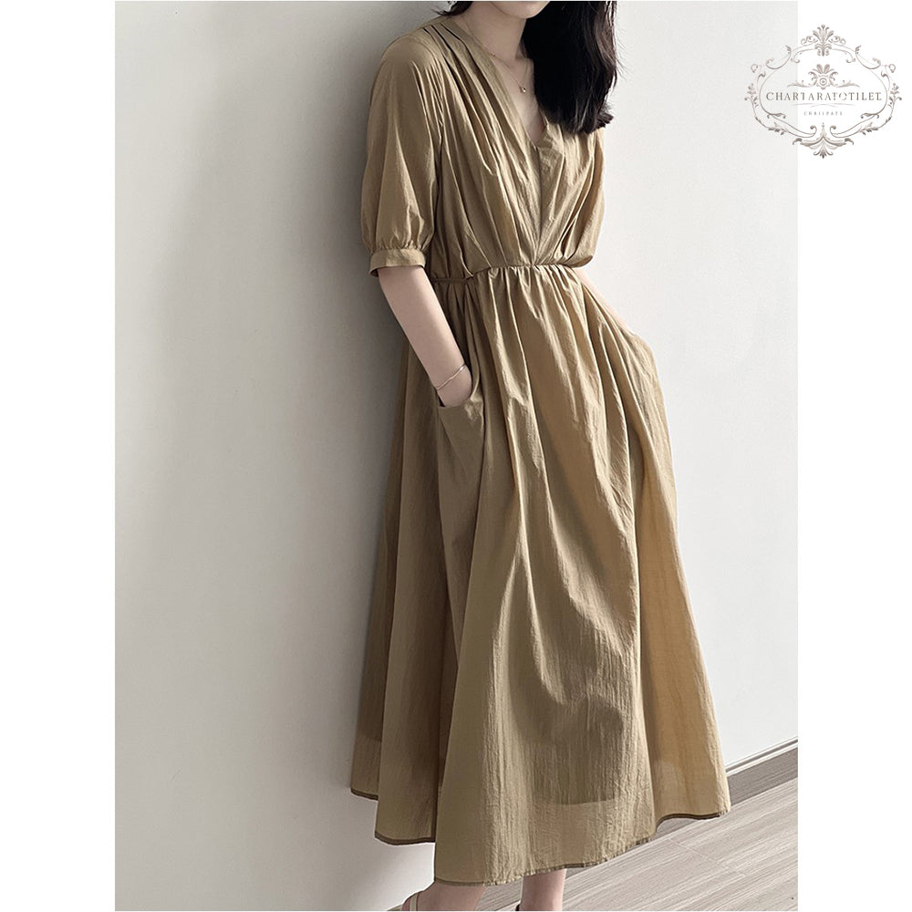 Spring Versailles sweet pleated dress retro pocket V-neck dress [CHSK130]